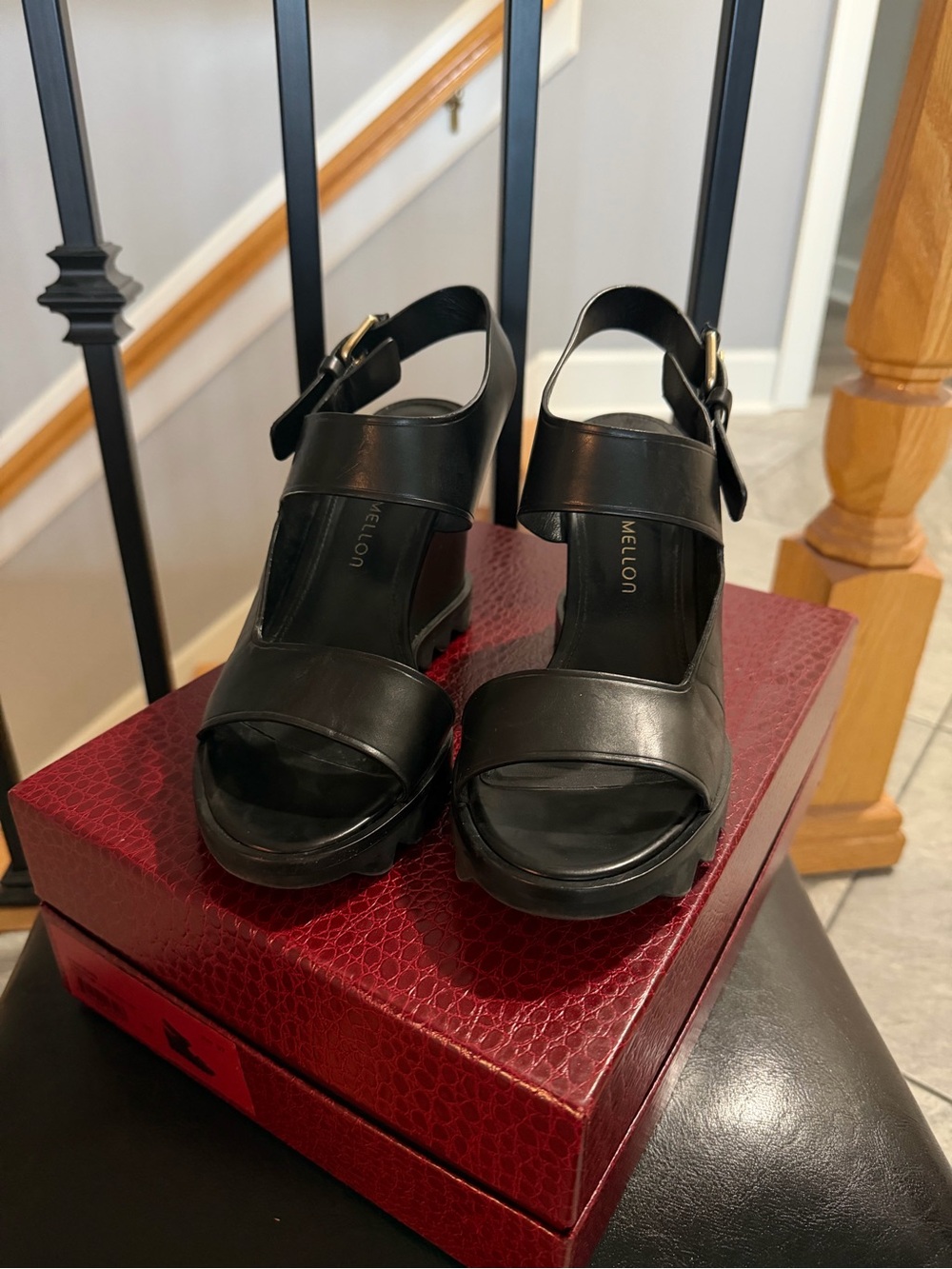 Tamara Mellon Black Leather Platform Sandal with Ankle Strap.